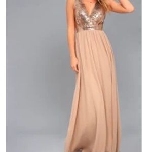 Lulus Elegant Encounter Champagne Sequin Maxi Dress